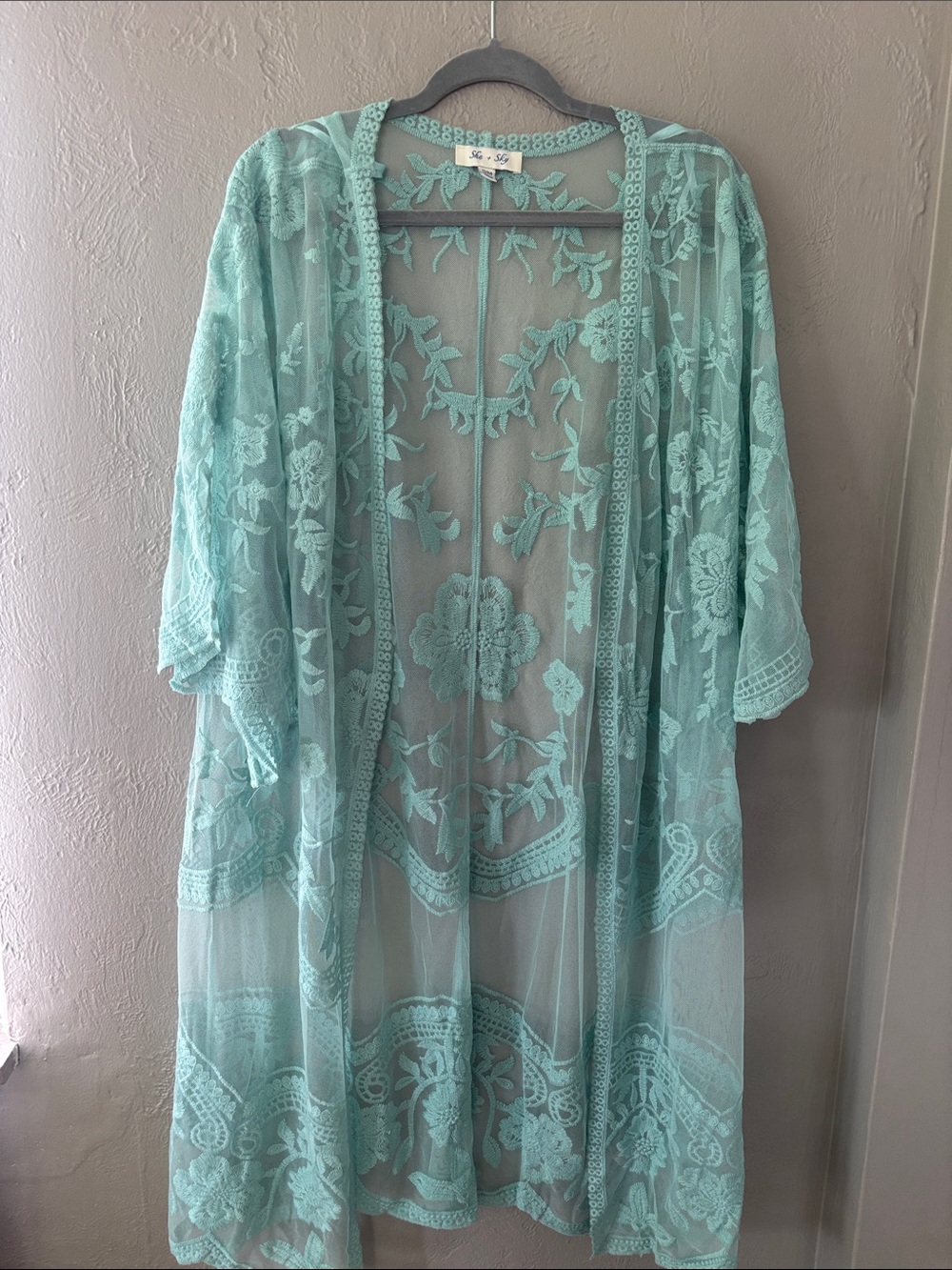 She + Sky Embroidered Sheer Kimono in Mint